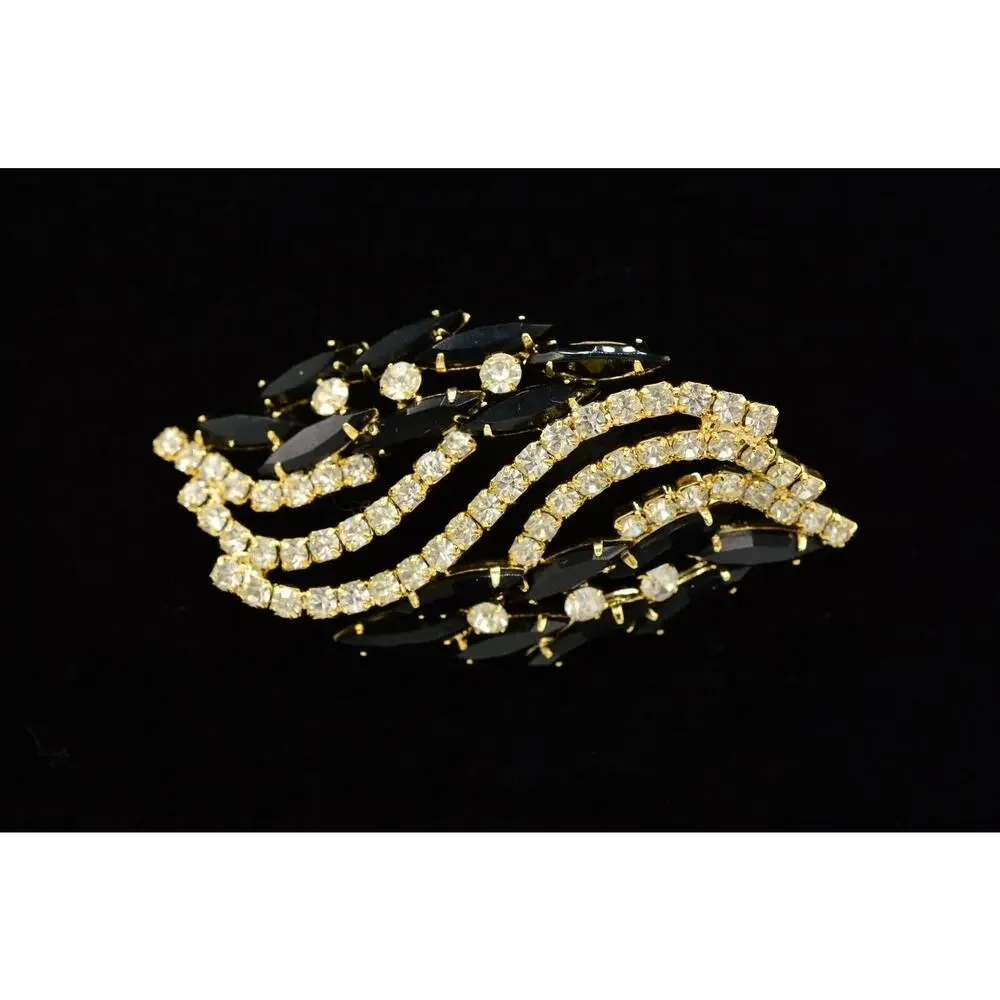 Vintage Prong Crystal Pin Brooch Marquise Rhinestone Black Chunky 1960s BinV